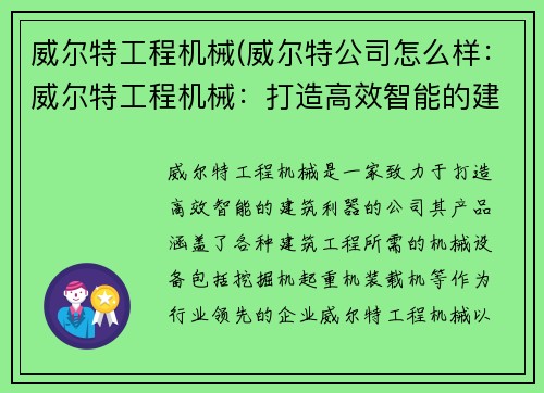 威尔特工程机械(威尔特公司怎么样：威尔特工程机械：打造高效智能的建筑利器)