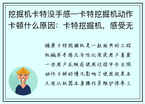 挖掘机卡特没手感—卡特挖掘机动作卡顿什么原因：卡特挖掘机，感受无与伦比的手感