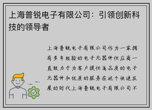 上海普锐电子有限公司：引领创新科技的领导者